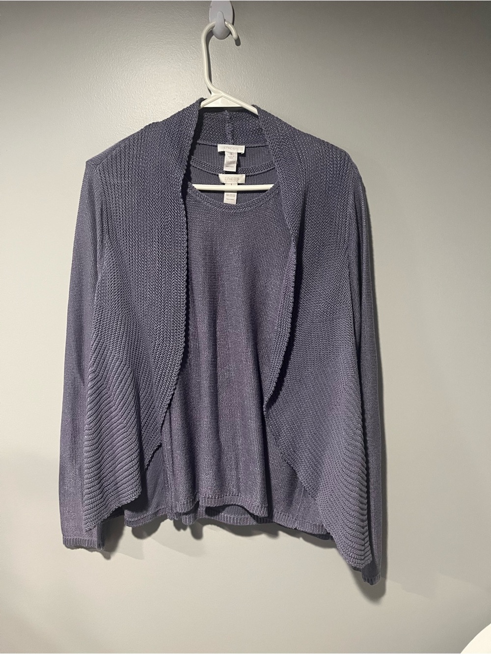 Chico’s Purple Grey Knit Twin Set Open Front Cardigan & Tank Size 1 M
